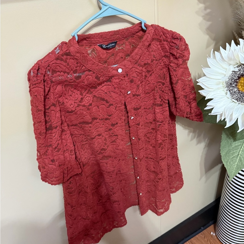 Elegant Lace Button-Up Top - Red